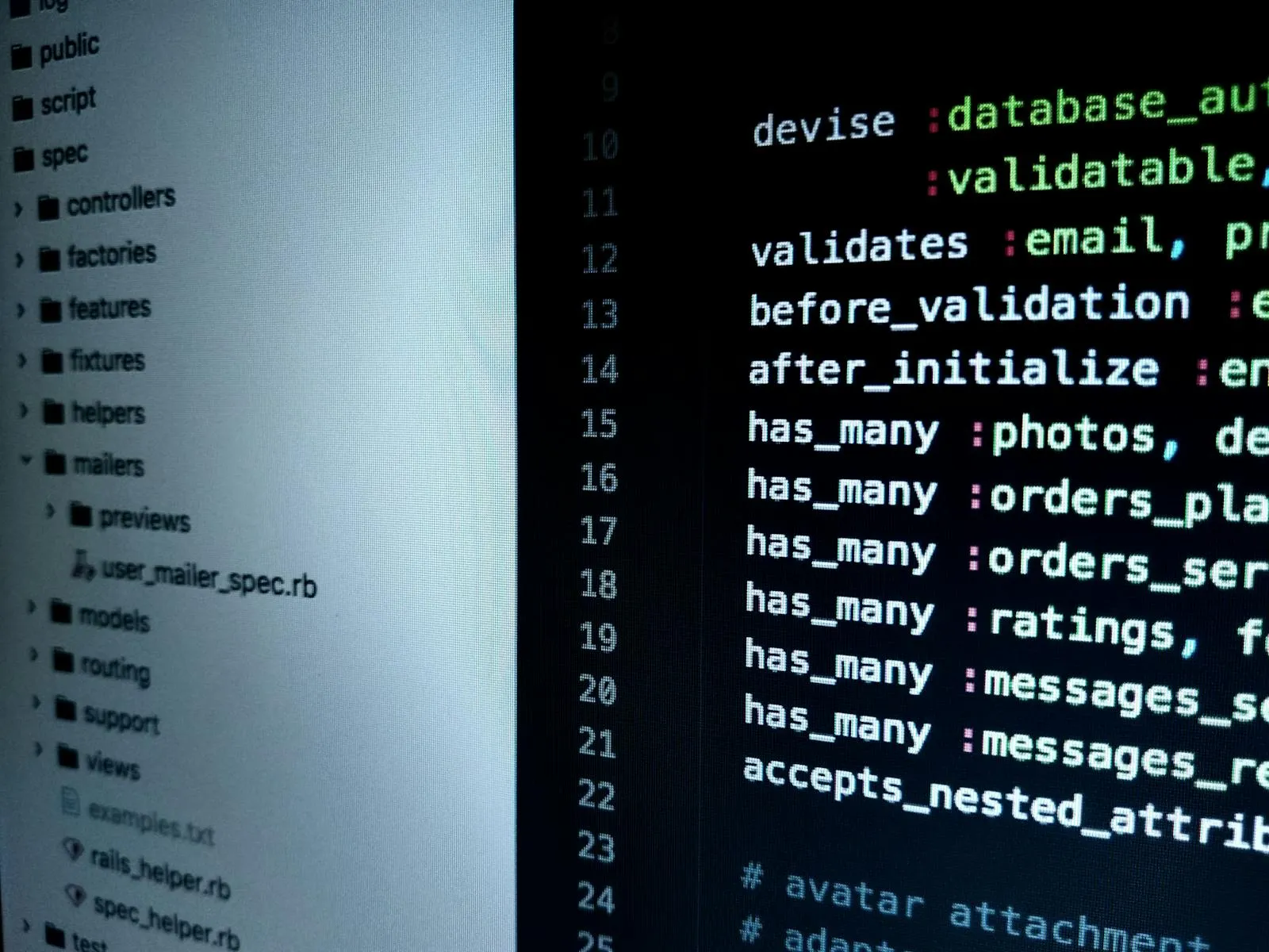 Detailed view of Ruby on Rails code highlighting software development intricacies